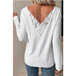 White Floral Lace Splicing Eyelet Long Sleeve Top