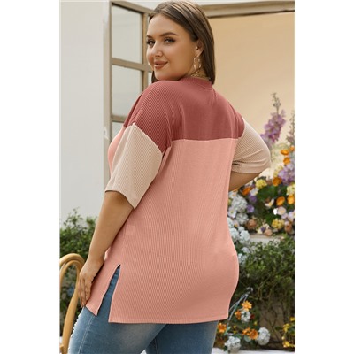 Rose Pink Plus Size Ribbed Colorblock T-shirt