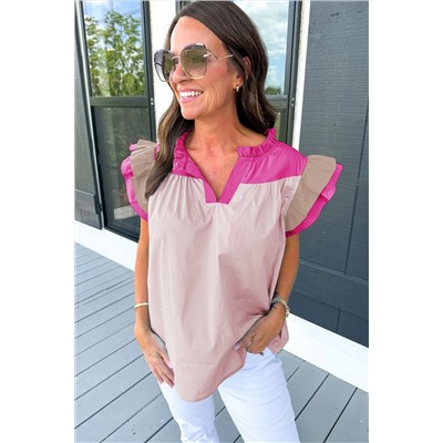 Pink Colorblock Ruffled Sleeve Frill V Neck Blouse