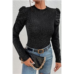 Black Gigot Sleeve Metallic Knit Slim Fit Top