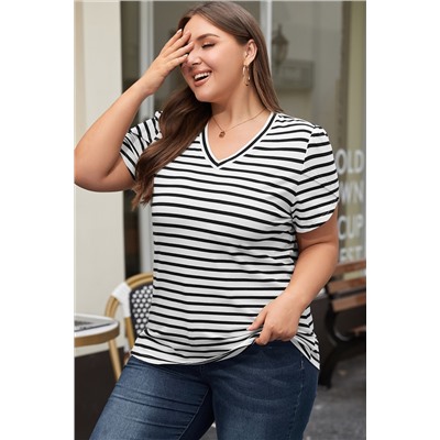 White Stripe V Neck Petal Sleeve Plus Size T-Shirt