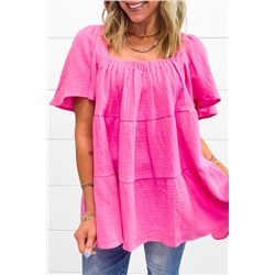 Bright Pink Textured Square Neck Flutter Sleeve Tiered Flowy Blouse