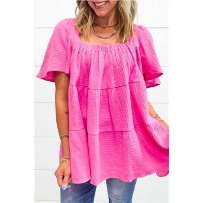 Bright Pink Textured Square Neck Flutter Sleeve Tiered Flowy Blouse