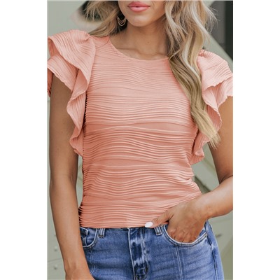 Apricot Pink Wavy Textured Ruffle Sleeve Top