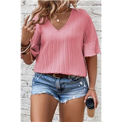 Peach Blossom Ruffled Half Sleeve V Neck Textured Plus Top