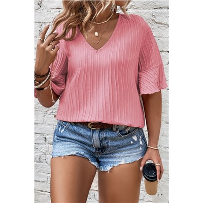 Peach Blossom Ruffled Half Sleeve V Neck Textured Plus Top