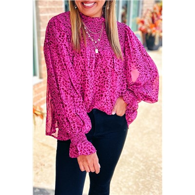 Rose Leopard Shirred Puff Sleeve Flowy Blouse