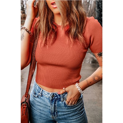 Tomato Red Ribbed Knit Crewneck Crop Sheath Sweater T Shirt