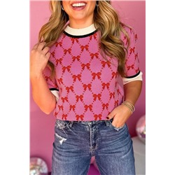 Pink Bow Print Short Sleeve Sweater top