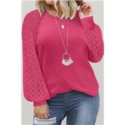 Strawberry Pink Plus Size Contrast Lace Sleeve Waffle Knit Top