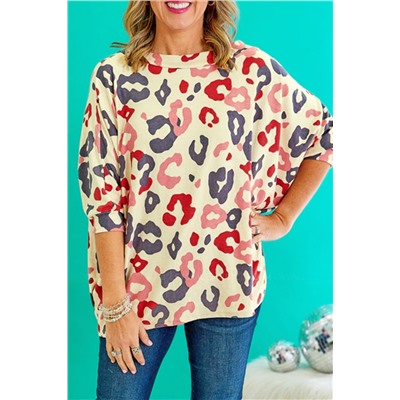 White Colorful Leopard Print Batwing Sleeve Plus Blouse