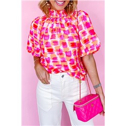 Pink Abstract Print Button Back Ruffed High Neck Blouse