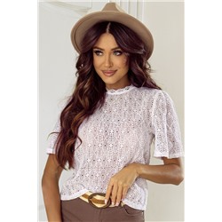 White Short Sleeve Keyhole Back Lace Blouse