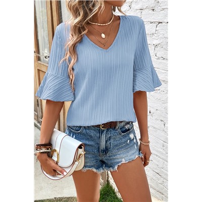 Beau Blue Ruffled Half Sleeve V Neck Textured Top