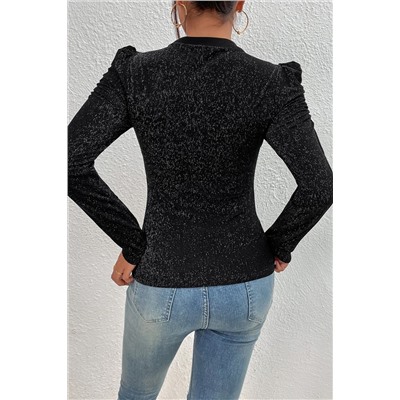 Black Gigot Sleeve Metallic Knit Slim Fit Top