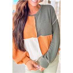 Grapefruit Orange Mixed Texture Color Block Long Sleeve Top