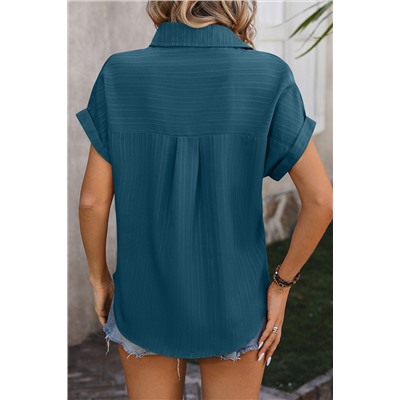 Real Teal Striped Texture Cuffed Short Sleeve Shirt