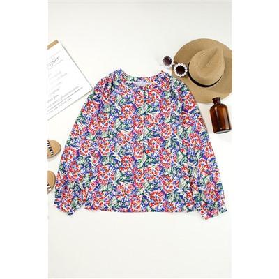 Multicolor Floral Balloon Sleeve Loose Blouse