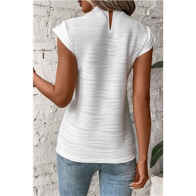 White Wavy Textured Mock Neck Cap Sleeve Top