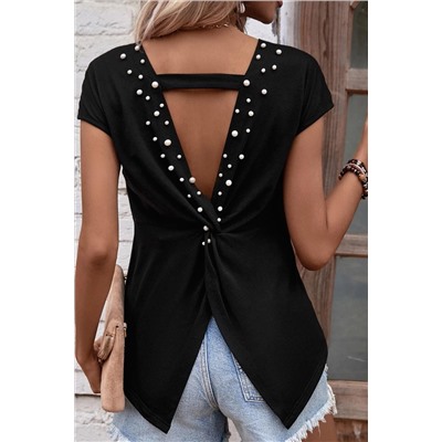 Black Pearls Embellished Twist Back Tee