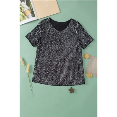 Black Short Sleeve Sequin Top