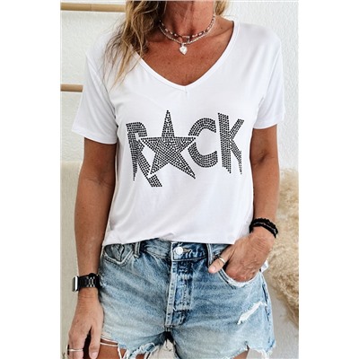 White Rhinestoned ROCK Star Graphic V Neck T Shirt