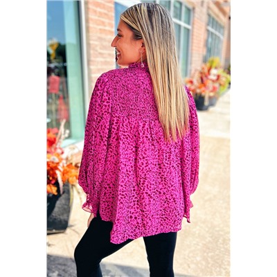 Rose Leopard Shirred Puff Sleeve Flowy Blouse