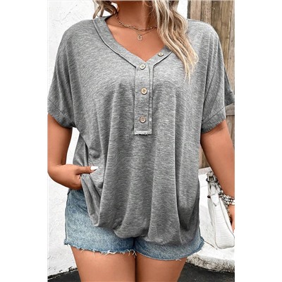 Gray Plus Size Buttoned V Neck Batwing Sleeve Top