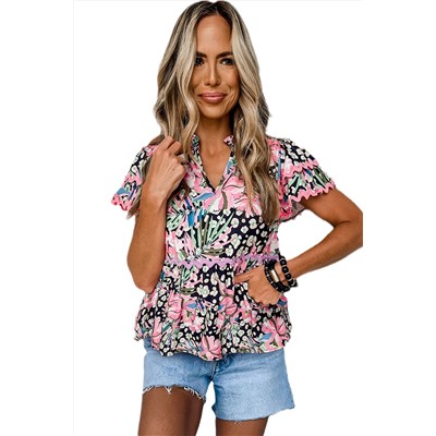 Pink Ricrac Floral Tiered Short Sleeve Blouse