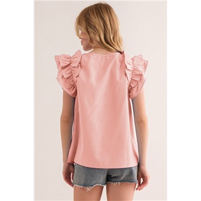 Peach Blossom Shirring Buttoned Neck Ruffle Sleeve Blouse