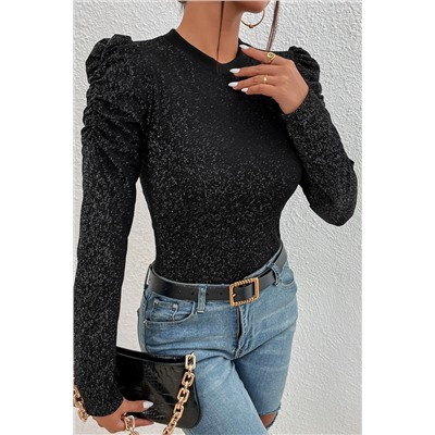 Black Gigot Sleeve Metallic Knit Slim Fit Top