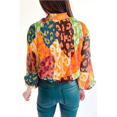 Orange Leopard Patchwork Print Pleated Blouse