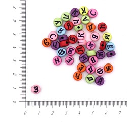 Бусины пластиковые таблетка Русские буквы 4х7мм 50гр цветной/черные буквы