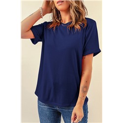 Blue Casual Plain Crew Neck Tee