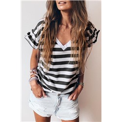 Black Striped V Neck Ruffle Sleeve Top