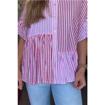 Pink Stripe Striped Patchwork Ruffled Hem Button up Shirt