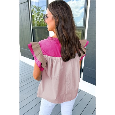 Pink Colorblock Ruffled Sleeve Frill V Neck Blouse