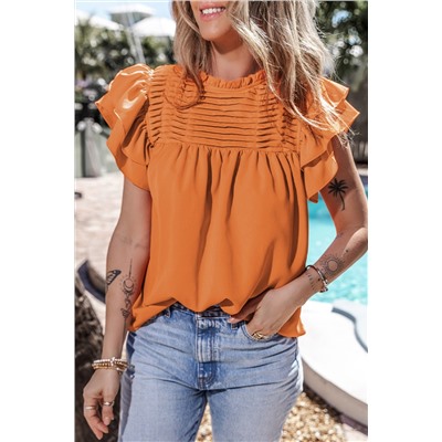 Grapefruit Orange Smocked Ruffle Sleeve Blouse