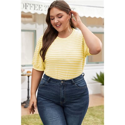 Yellow Stripe Short Puff Sleeve Plus Size Jumper