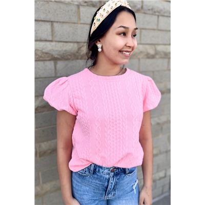 Pink Textured Puff Sleeve T Shirt