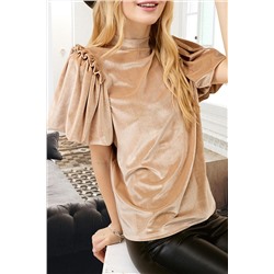 Light French Beige Frilly Puff Sleeve Mock Neck Blouse