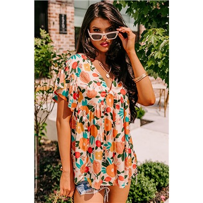 Apricot Floral Print Short Sleeve V Neck Tied Back Blouse