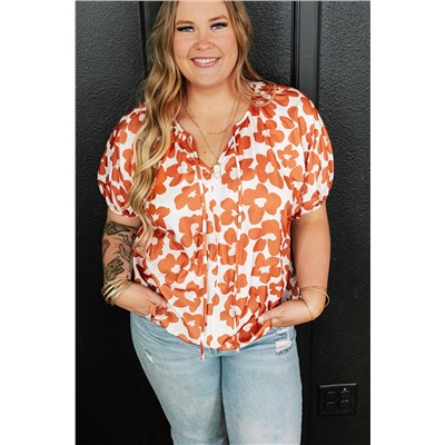 Orange Plus Size Floral Print Drawstring V Neck Short Sleeve Blouse