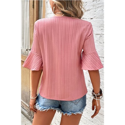 Peach Blossom Ruffled Half Sleeve V Neck Textured Plus Top