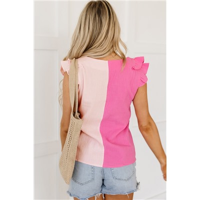 Pink Textured Color Block Tiered Ruffled Sleeve Blouse