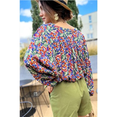 Multicolor Floral Balloon Sleeve Loose Blouse