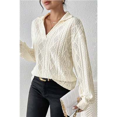 White Cable Rhombus Texture Collared Split Neck Top