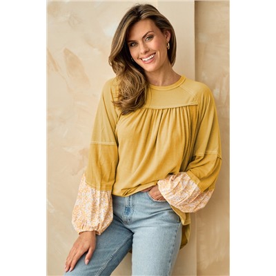 Beige Floral Colorblock Balloon Sleeve Exposed Seam Top