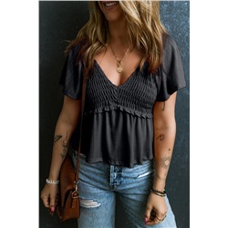 Black Shirred V Neck Short Flutter Sleeve Textured Blouse