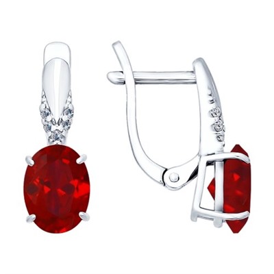 Серьги из серебра с корундами рубиновыми (синт.) и фианитами, 84020020